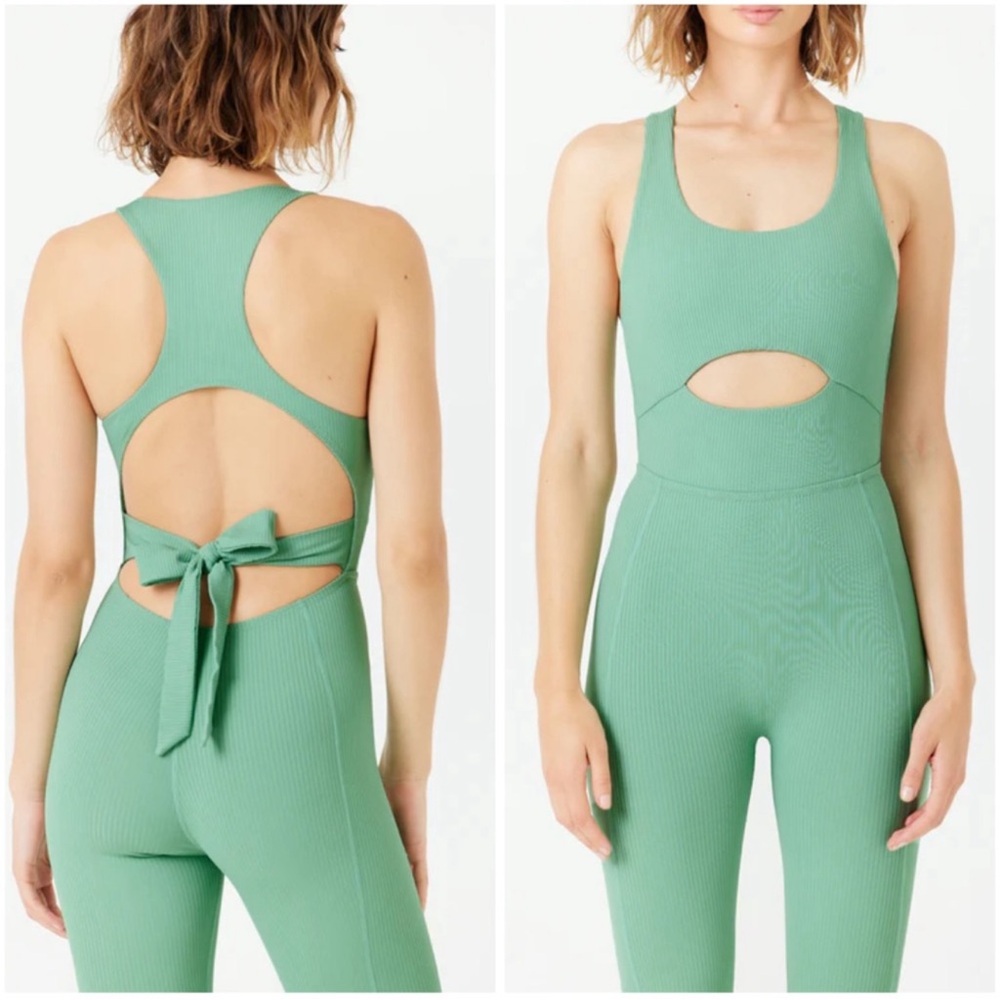 Gigi C Krizia Sage Green Micro Rib Cutout Tied Jumpsuit Size XL